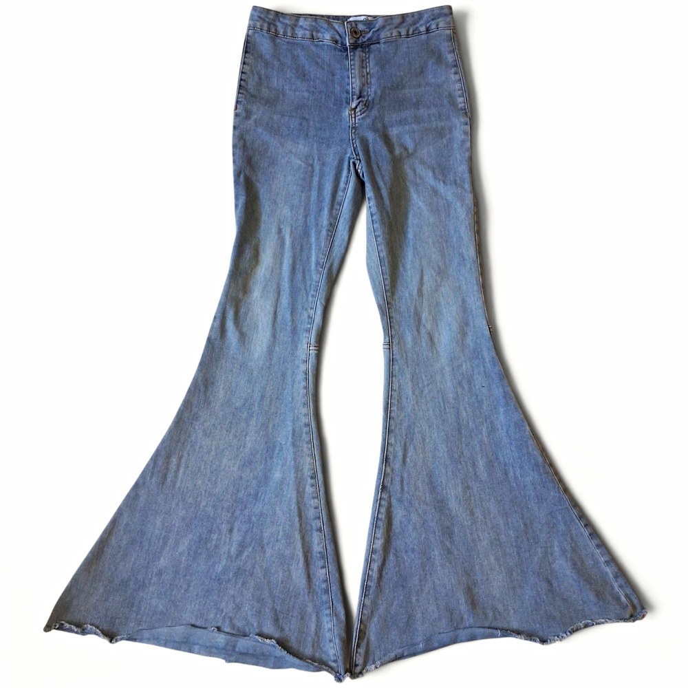70s Style Mega Extreme Flare Elephant Bell Bottom Jeans Vintage Wash Raw Hem 3 5